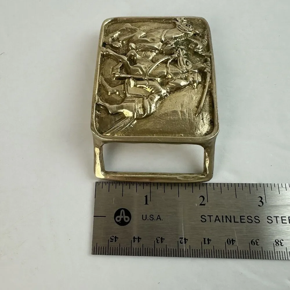 Vintage Solid Brass Belt Buckle Cowboy Western Battle Swords Horse Soldier Rodeo